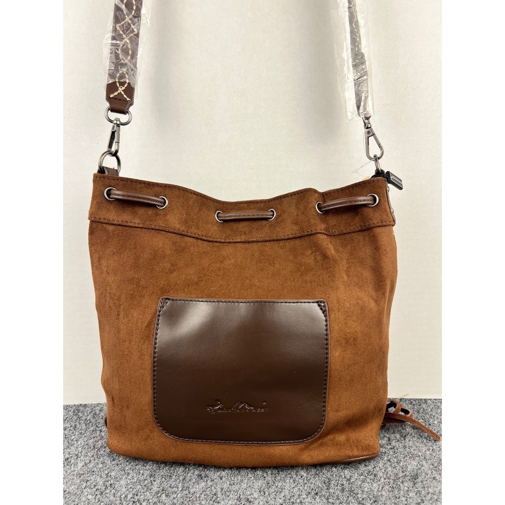 Montana West Brown Faux Suede Fringe Crossbody Bucket Bag Boot Stitch Hobo NWT - Picture 4 of 10